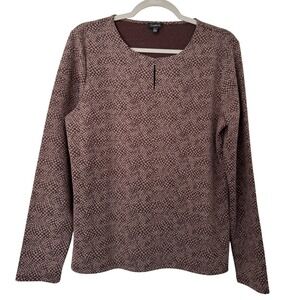 Talbots Women's Long Sleeve Top Brown Print‎ Keyhole Neck Size Large